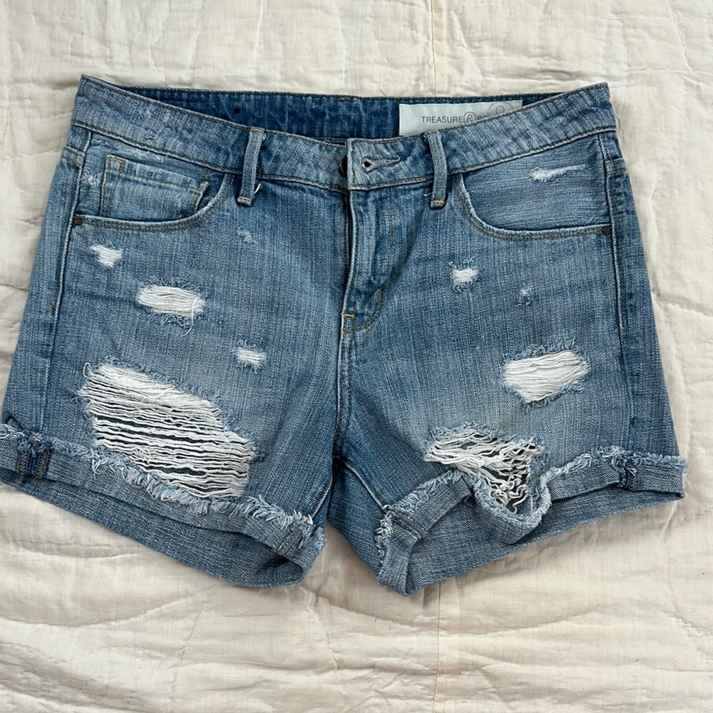 Treasure & Bond Blue Distressed Jean Shorts with Folded Hem